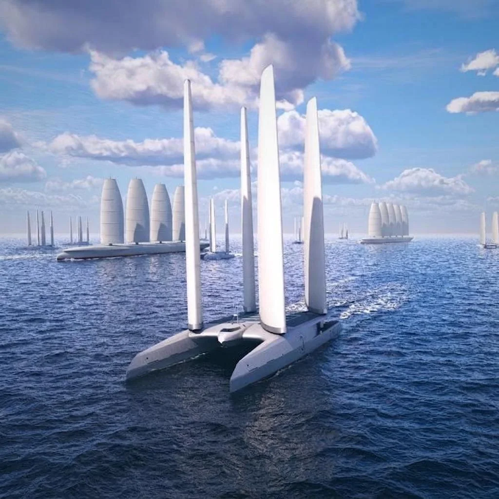 A DRIFT catamaran under wingsails leading a fleet of larger wingsail vessels across open ocean