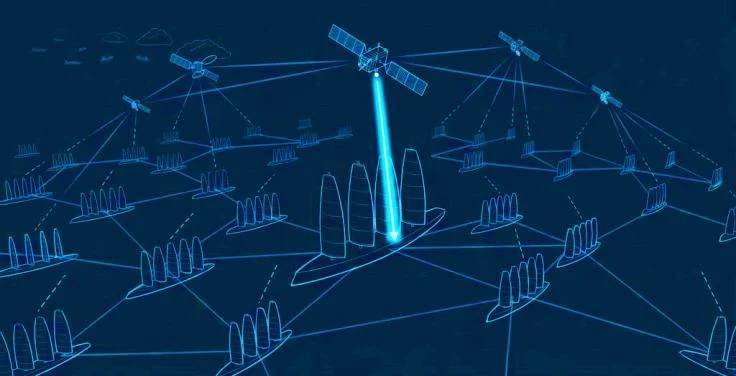 Diagram of wingsail vessels linked mast to mast in a mesh, with a hub vessel connected to a satellite