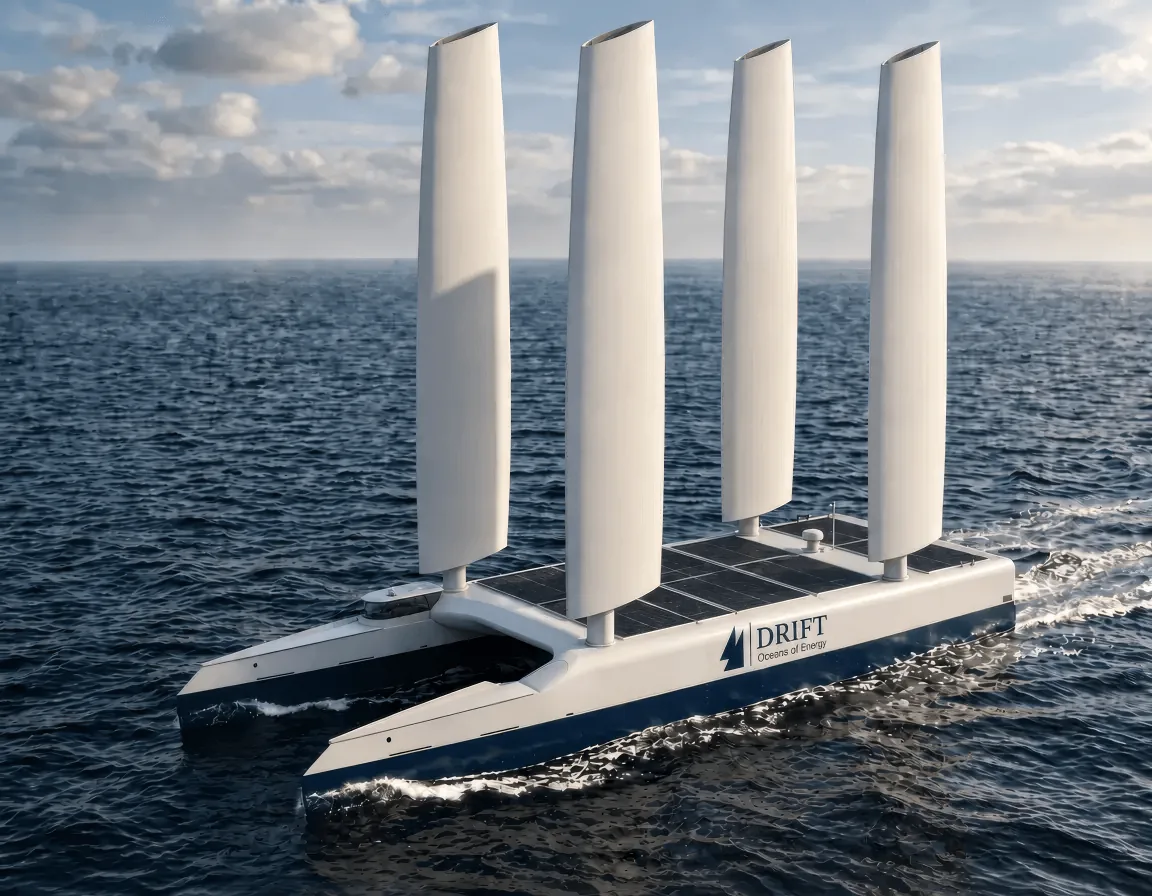 A DRIFT catamaran under four wingsails at sea, solar panels across its deck and the DRIFT logo on the hull