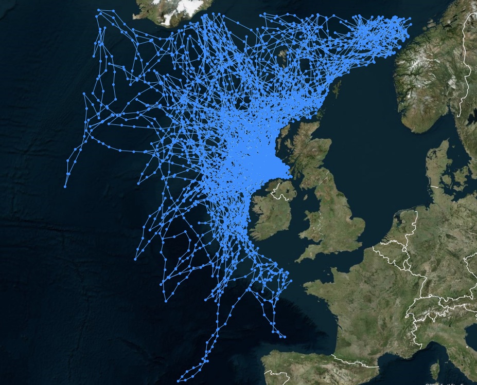 Map of the North Atlantic west of Britain and Ireland, overlaid with several thousand candidate vessel tracks fanning out from a dense core off the Irish coast