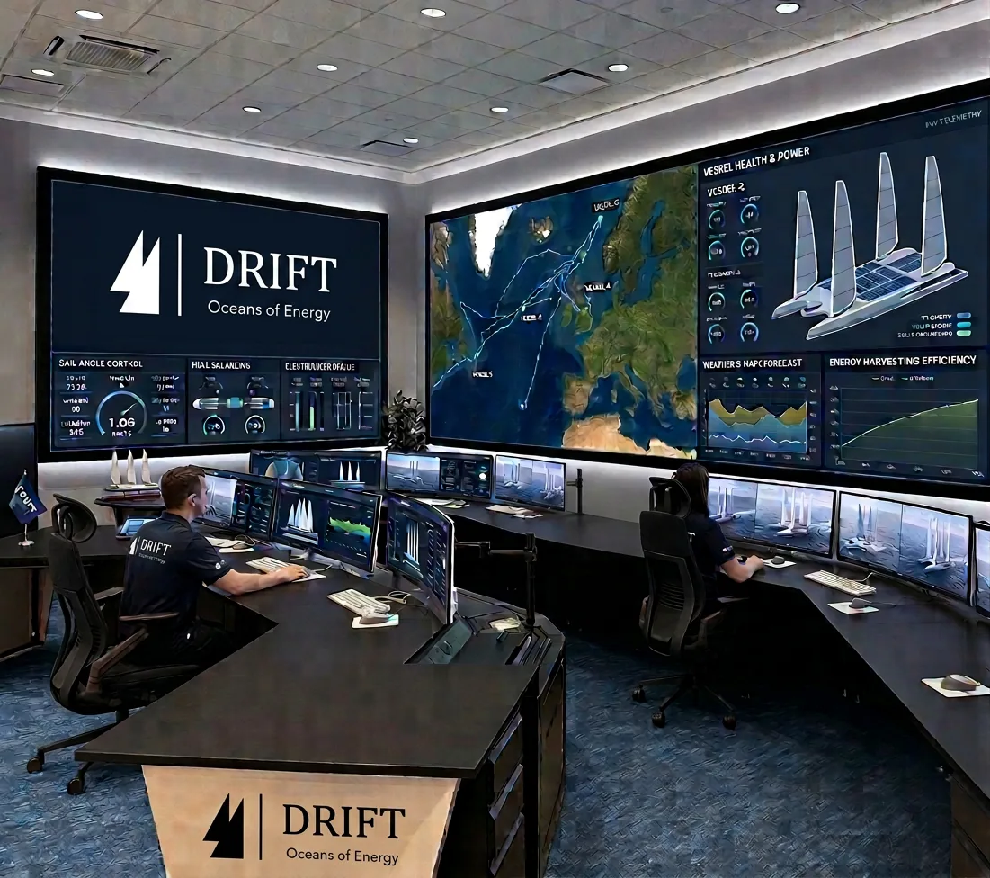 A DRIFT operations room: a wall of screens carrying fleet positions, vessel telemetry and weather, with two operators at the desks below it