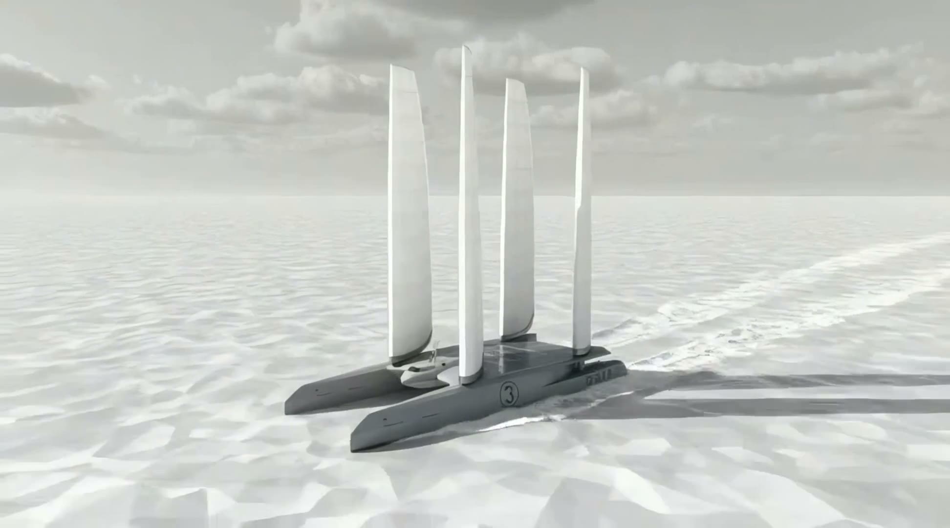Analysis render of a DRIFT vessel under way, the four aerofoil rigs and twin hulls seen from off the bow