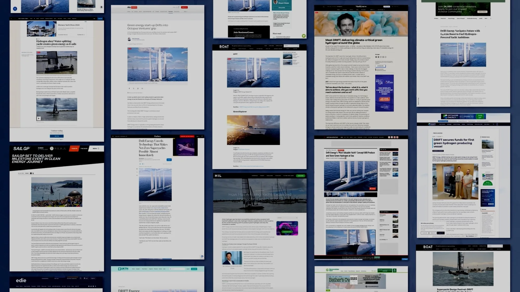 A wall of press coverage of DRIFT Energy, as published
