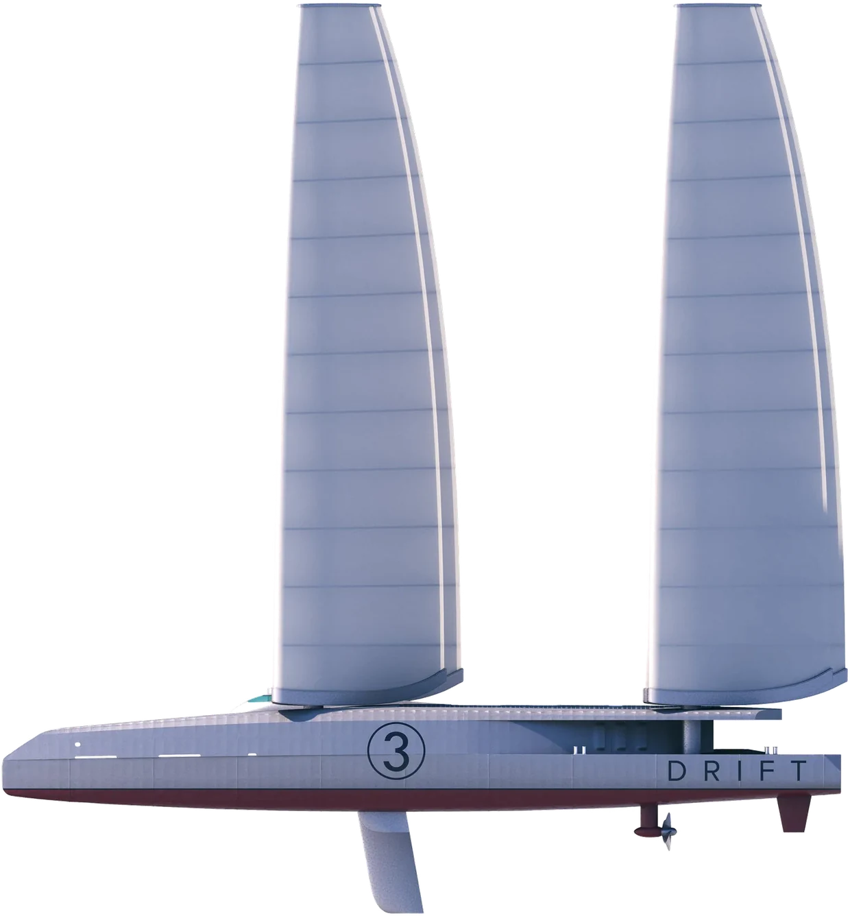 A DRIFT vessel in profile: two wing-sails over a long hull, with a foil and a water turbine beneath it