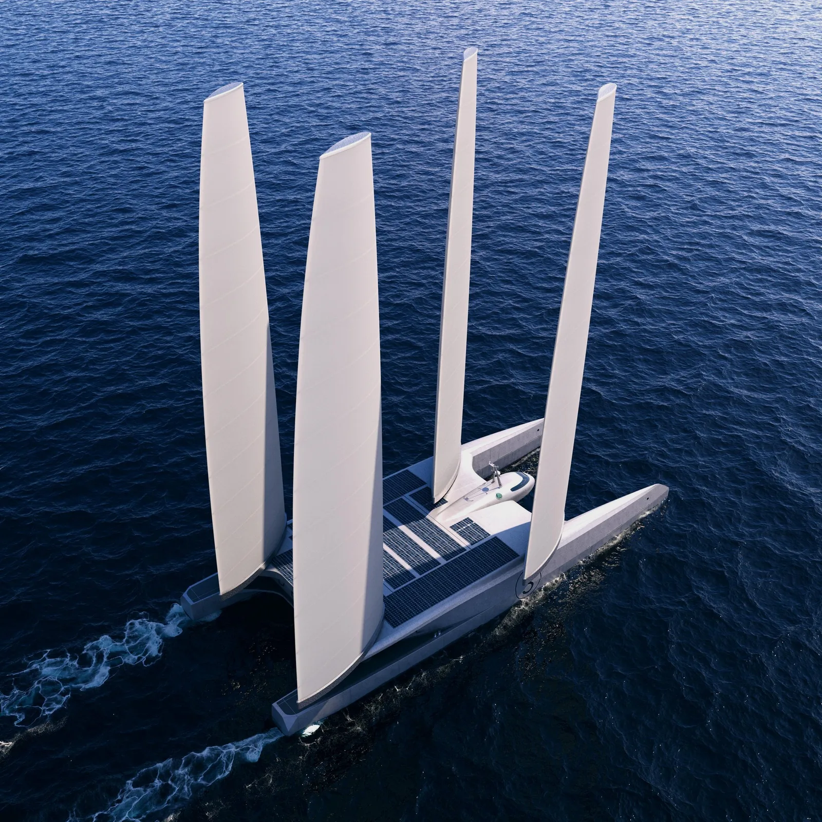 A DRIFT vessel under way in open ocean, seen from above, its full deck in view
