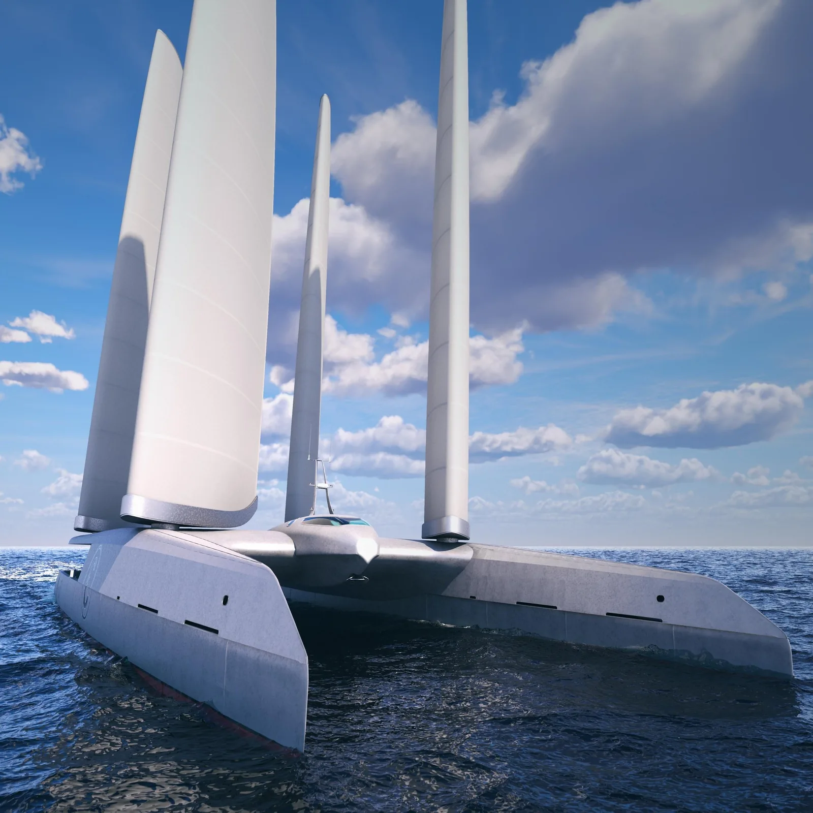 The MVY seen close from the bow, wing-sails set