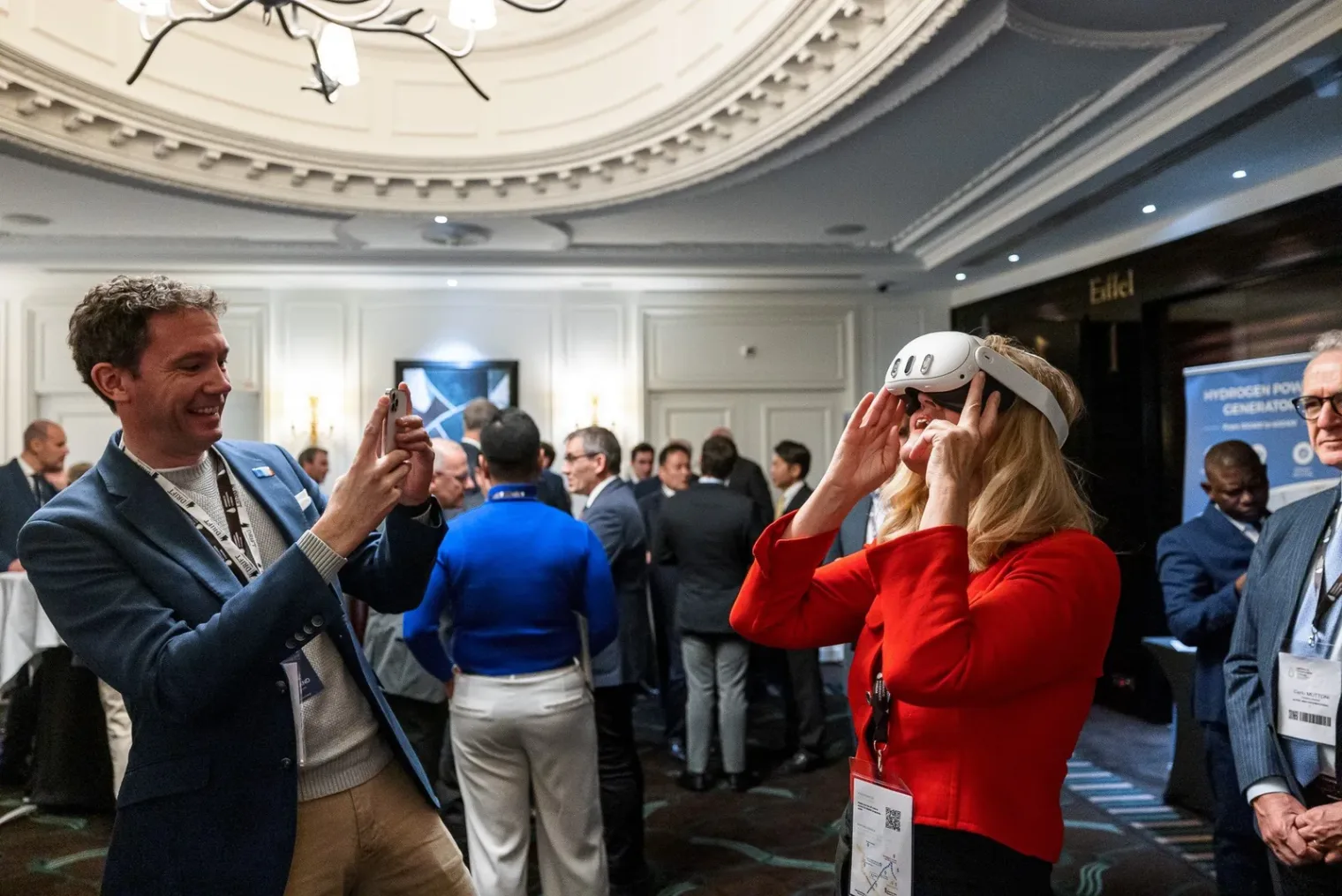Ben Medland showing the VR headset at the Monaco Prize