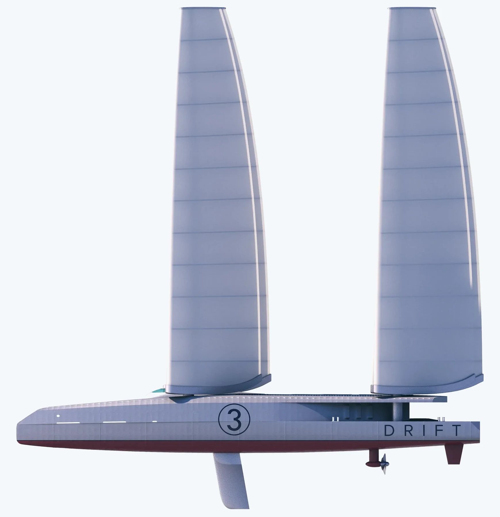 CAD profile of a DRIFT vessel: two tall aerofoil rigs over a long slender hull, with the foil and the shaft-mounted turbine below the waterline