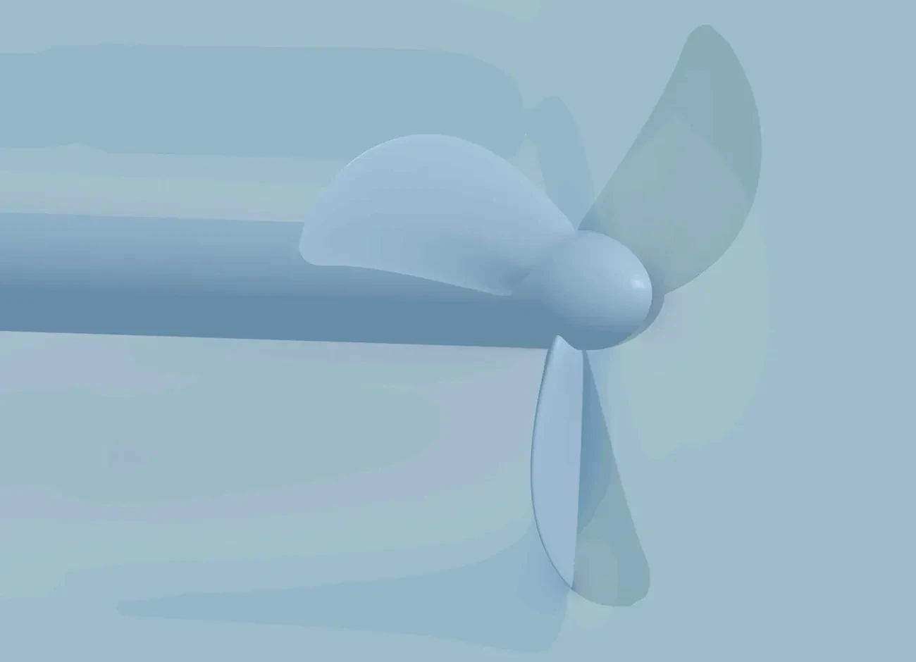 Computational fluid dynamics render of a three-bladed DRIFT hydro-turbine on its shaft, showing the pressure field around the blades